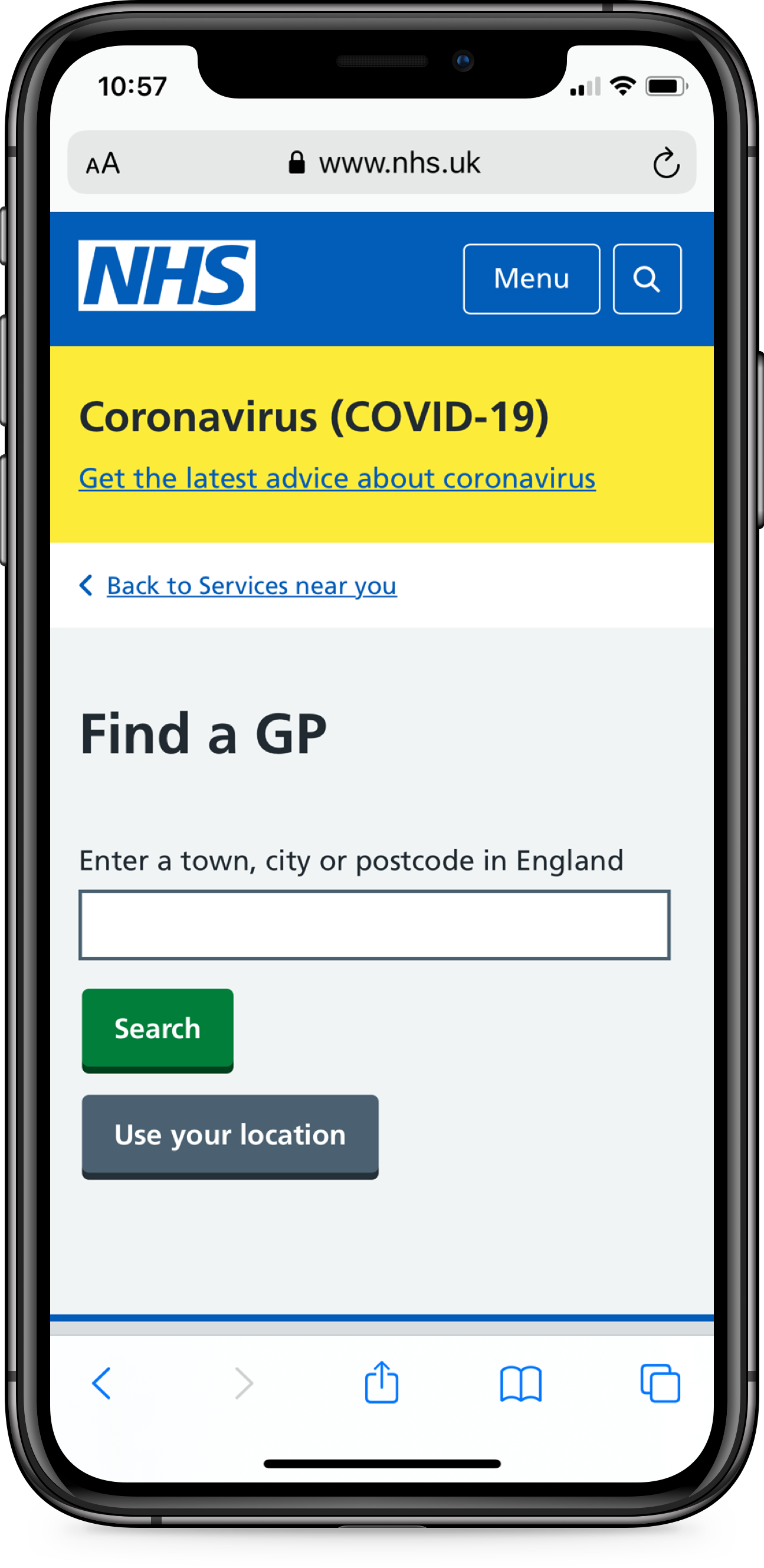 A screenshot of the start page for Find a GP.