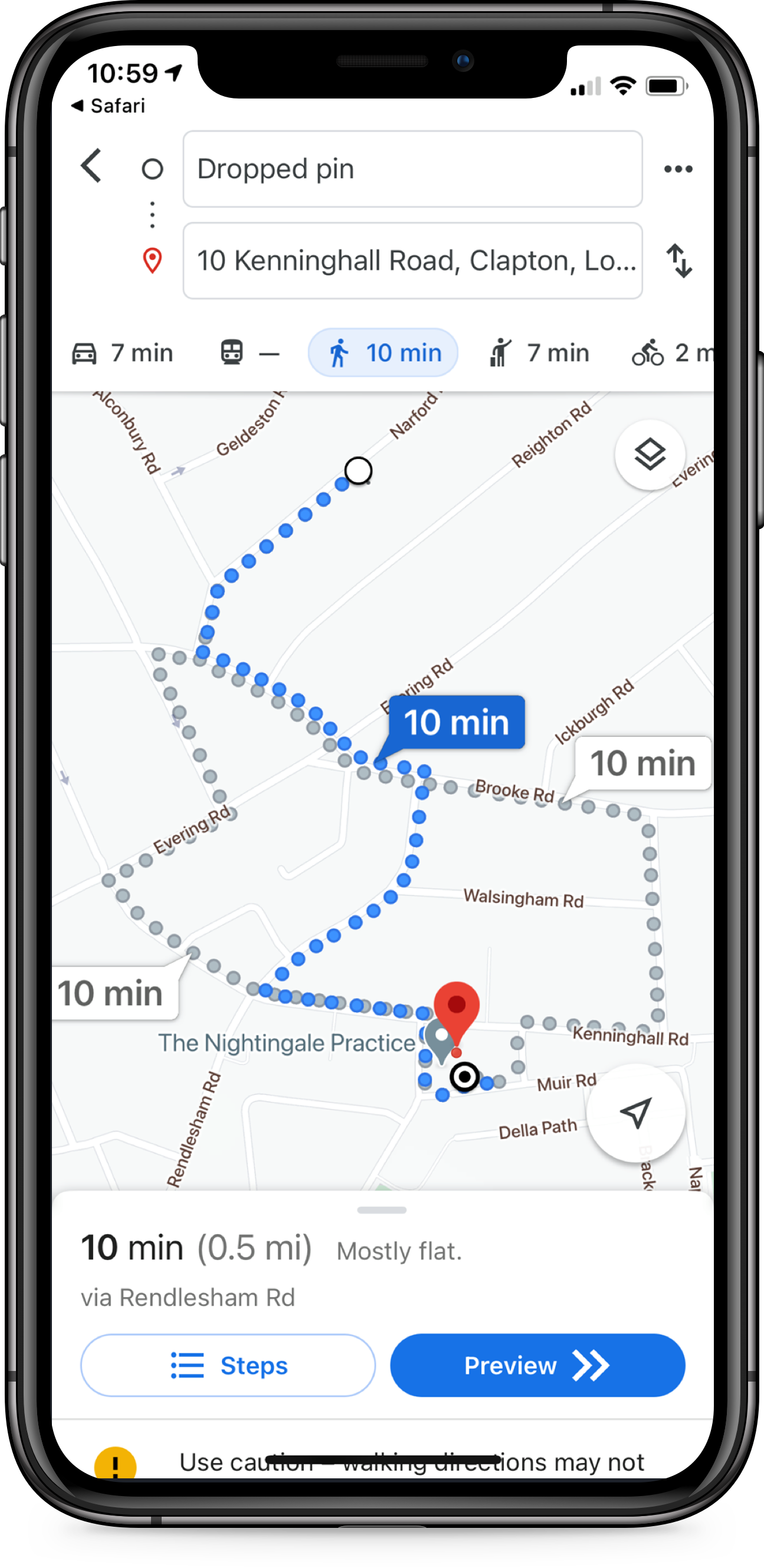 A screenshot of Google Maps showing directions from the user’s home to the GP surgery.