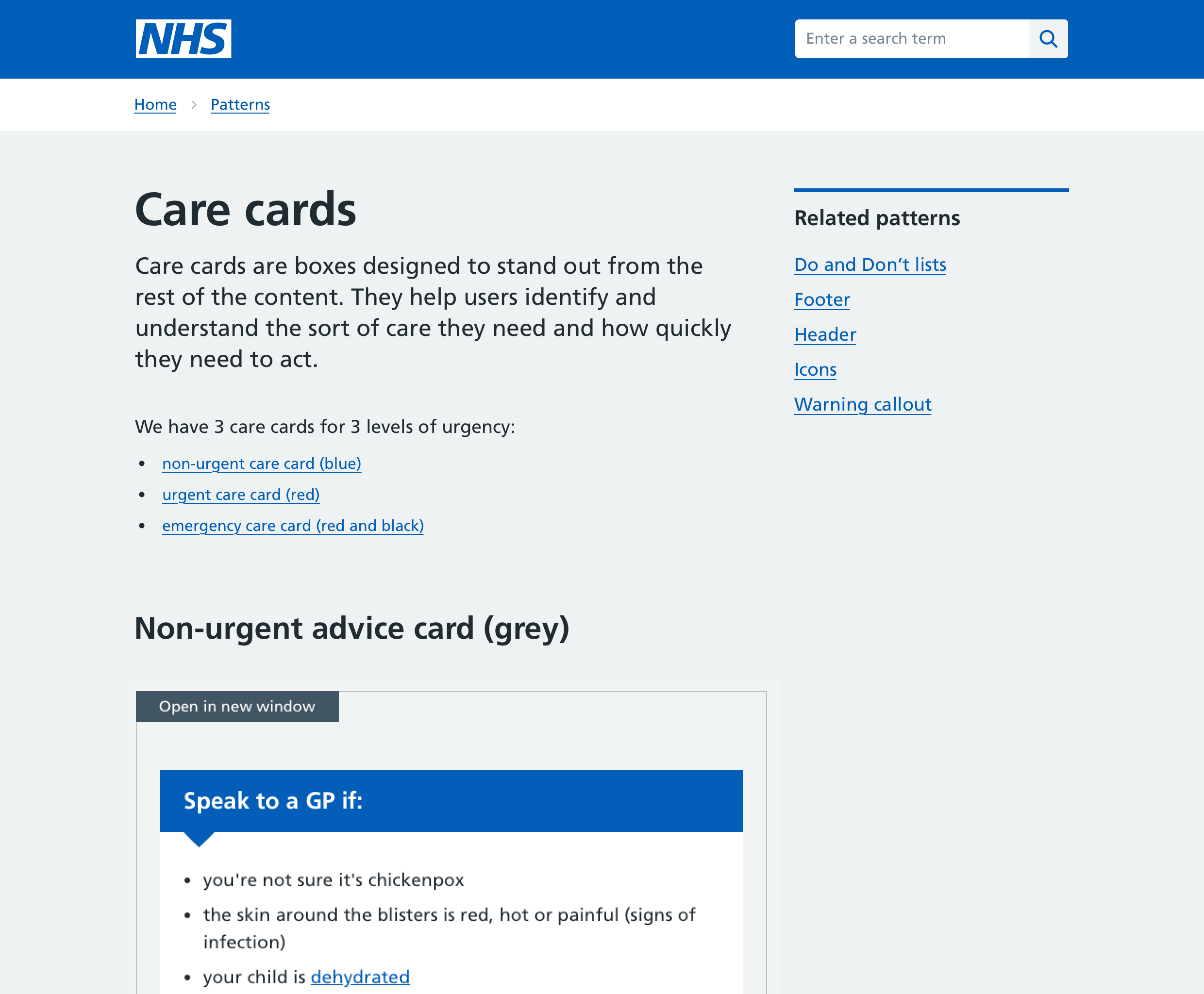 A screenshot of a later iteration of the Care cards page.