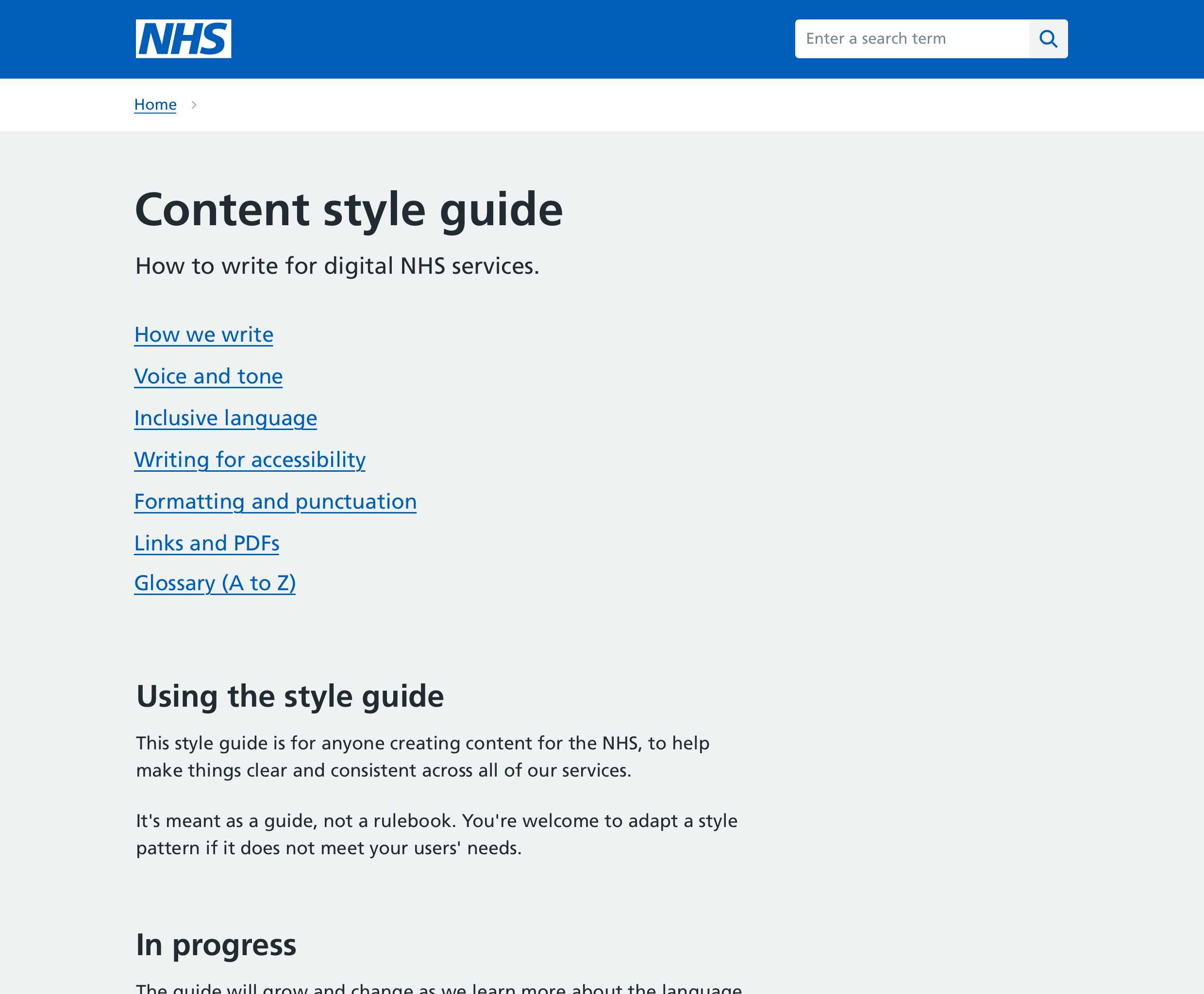 A screenshot of a later iteration of the Content style guide.