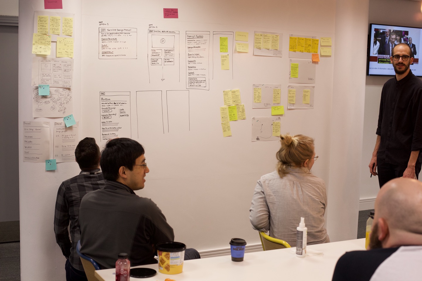 Five participants looking at sketches on a whiteboard.