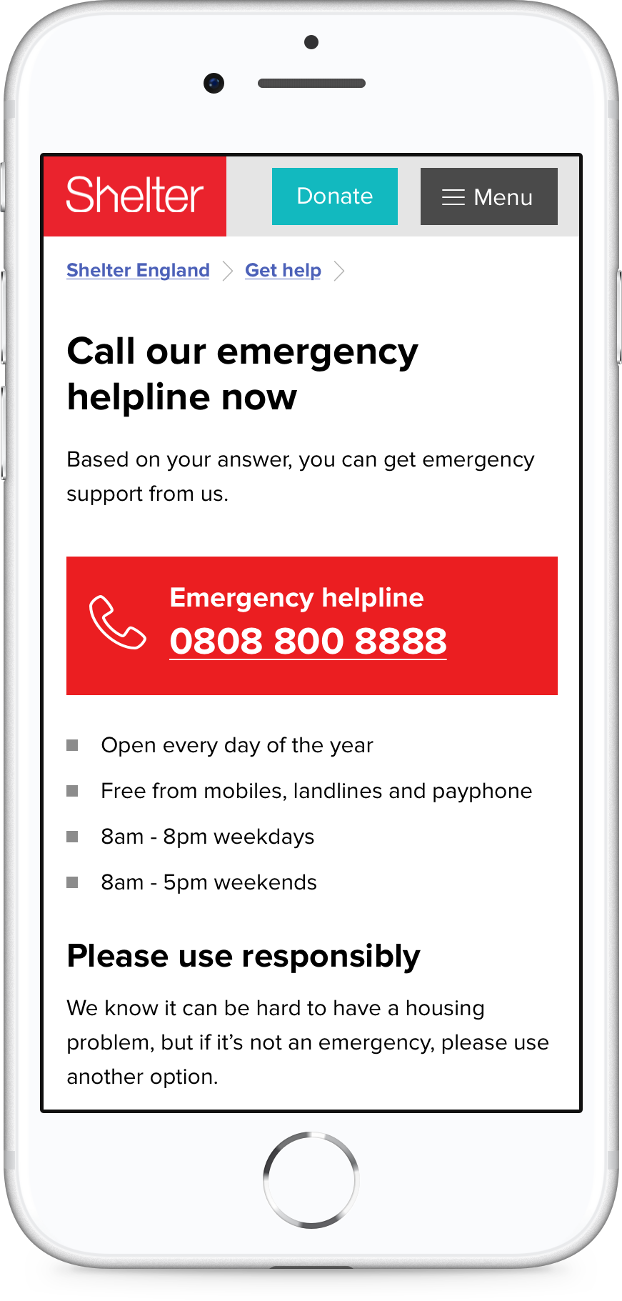 A screenshot of the Call our emergency helpline page.