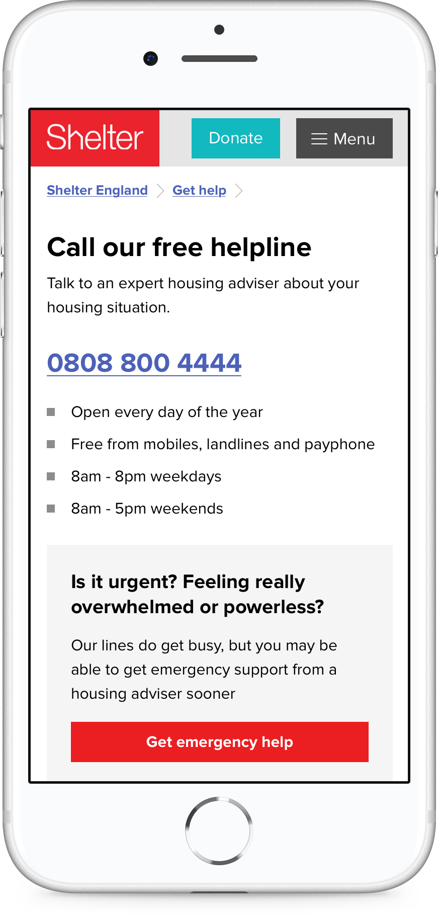 A screenshot of the Call our free helpline page.